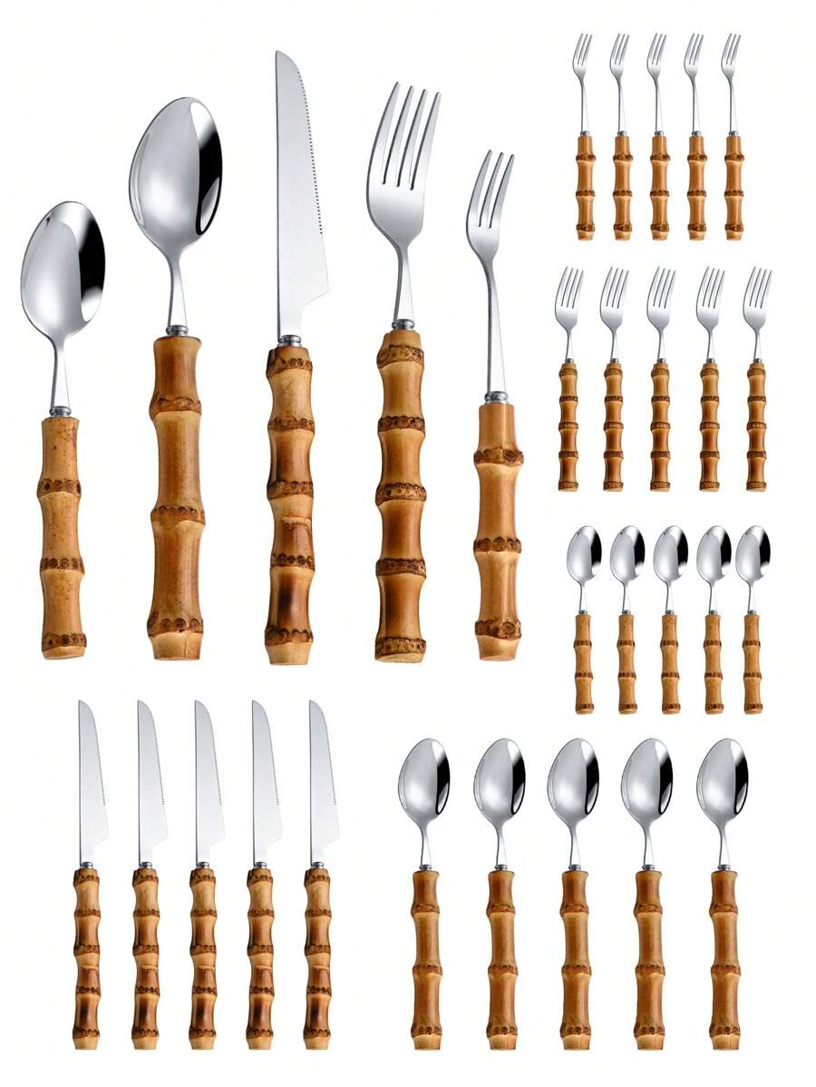 Bamboo Cutlery Set - 30-piece stainless steel cutlery set with